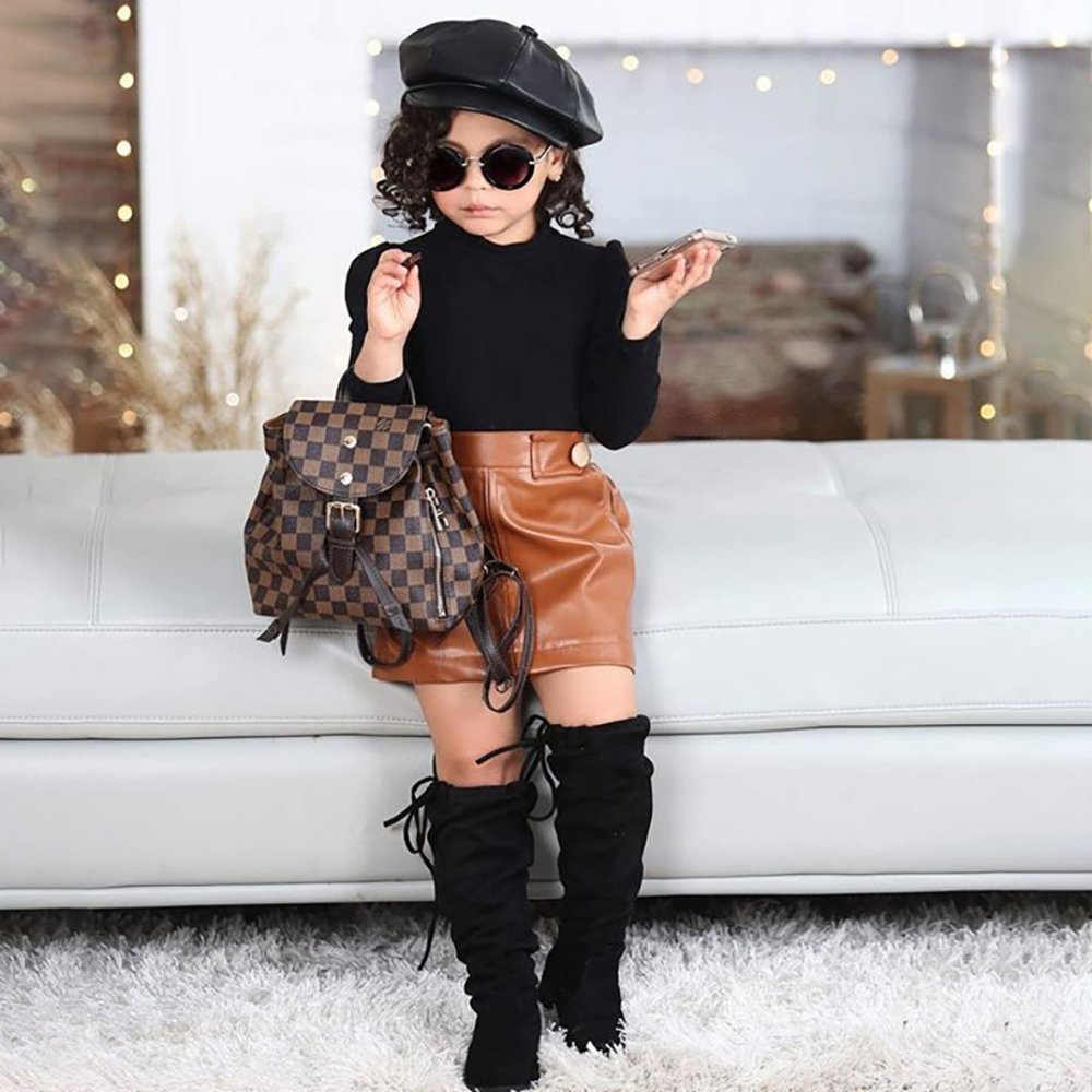 Girls Set Long Sleeve Top+ Leather Skirt 2pcs